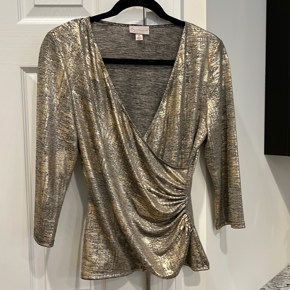 DB Established 1962 Gold and Black Shimmer Ruched Womens V-Neck Wrap Top